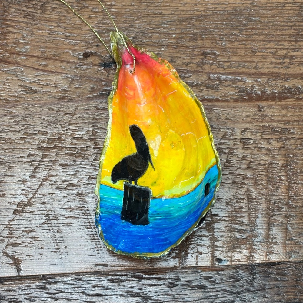 Hand-Painted Pelican Oyster Shell Beach Scene Christmas